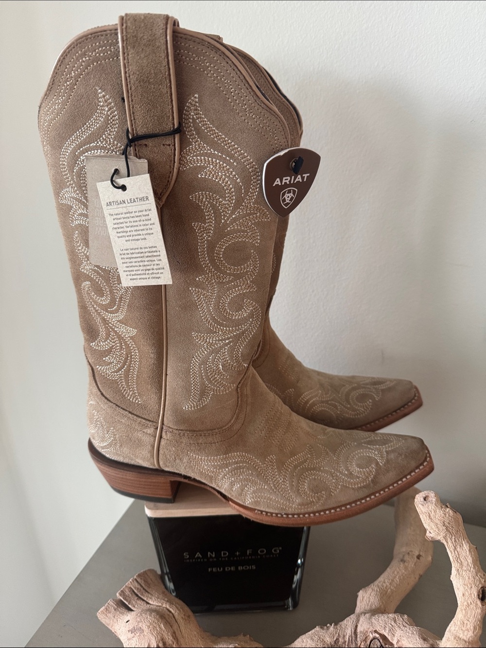 Ariat Taupe Suede Embroidered Western Heeled Boots NWT -size 9B
